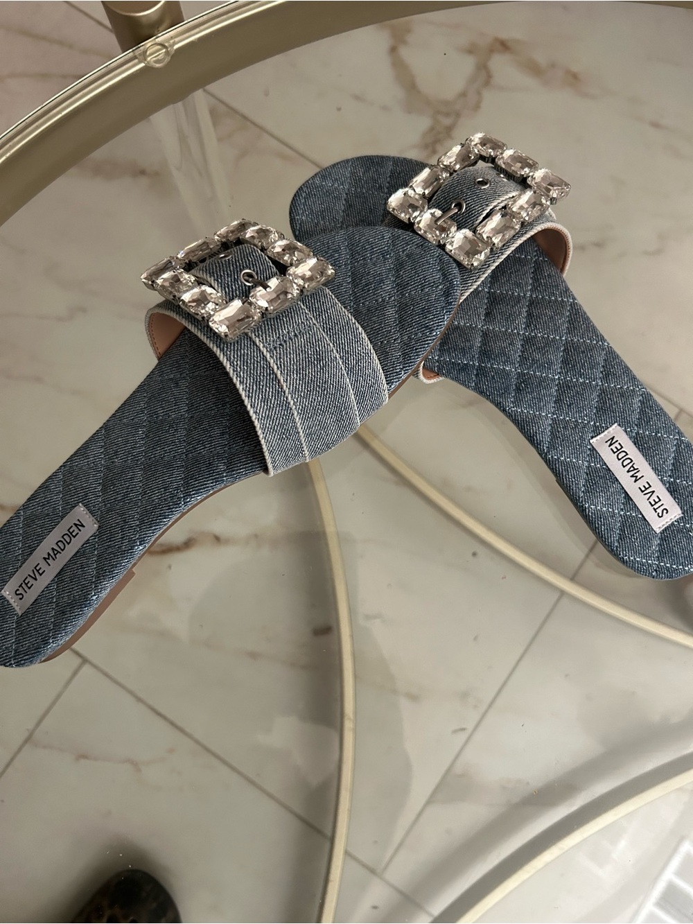 Steve Madden Blue Denim Slide Sandals with Crystal Buckle